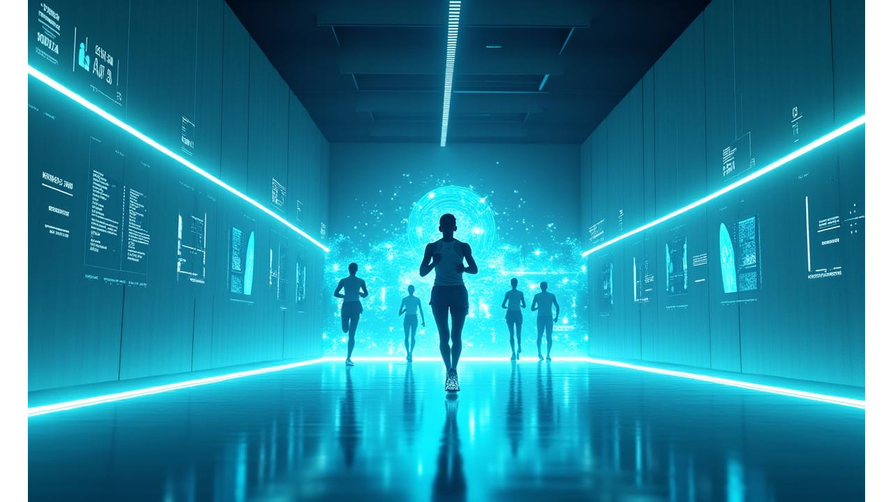 미래 스포츠 스타디움에서 첨단 센서를 통해 수집된 데이터가 실시간으로 분석되는 하이테크 비전