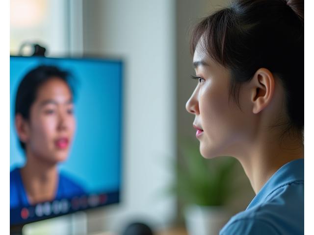 심리 상담 전문가가 선수와 화상 통화를 통해 상담하는 모습, 따뜻하고 안정적인 분위기