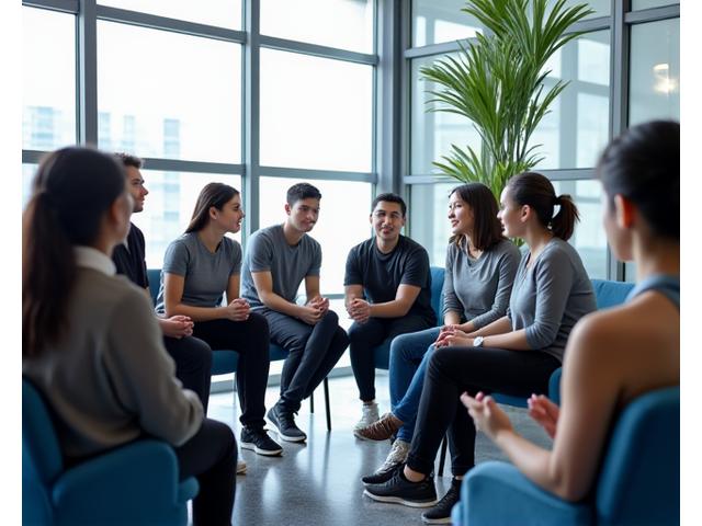 스포츠 팀원들이 전문 상담사와 함께 원형으로 앉아 대화하며 팀워크를 다지는 모습