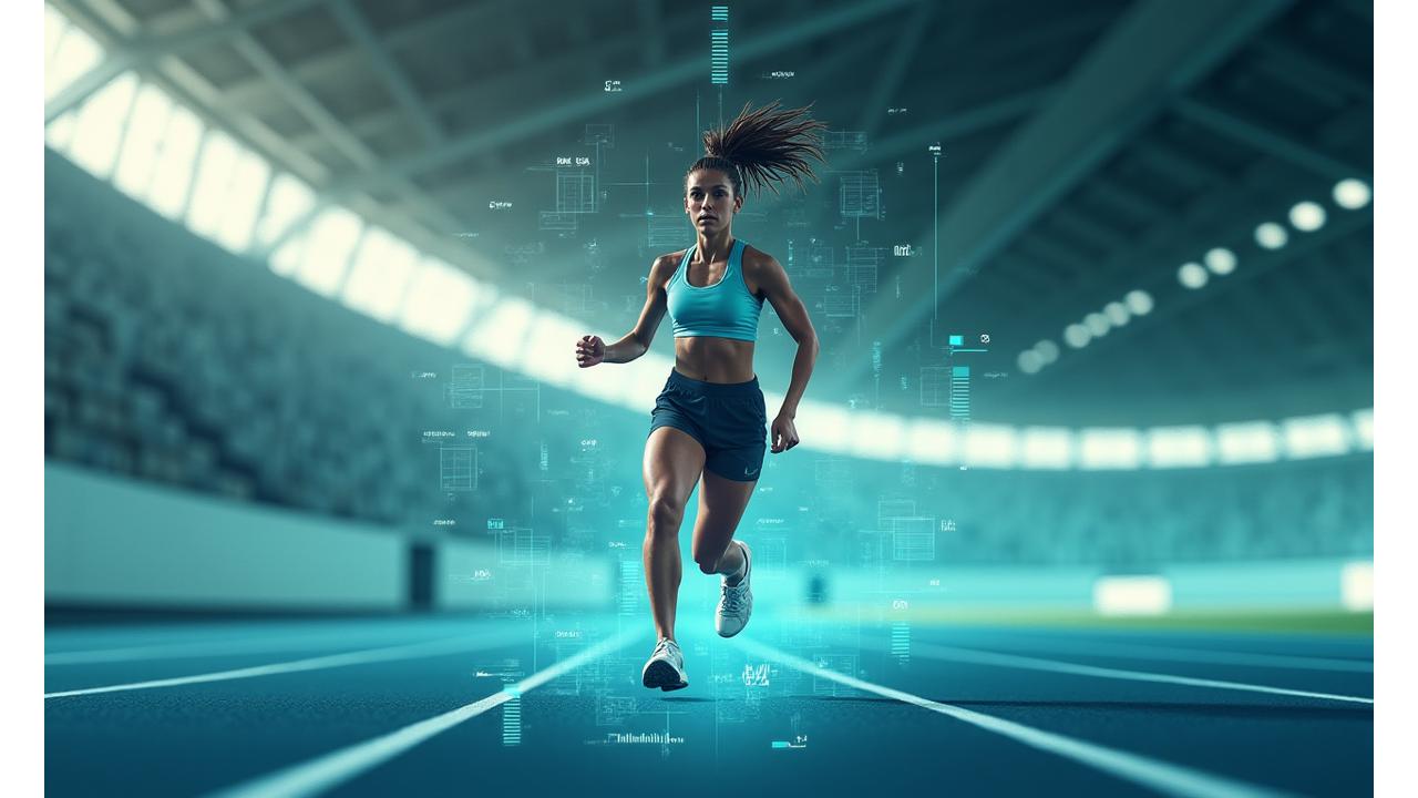 데이터 분석 화면과 함께 역동적으로 달리는 여성 육상 선수