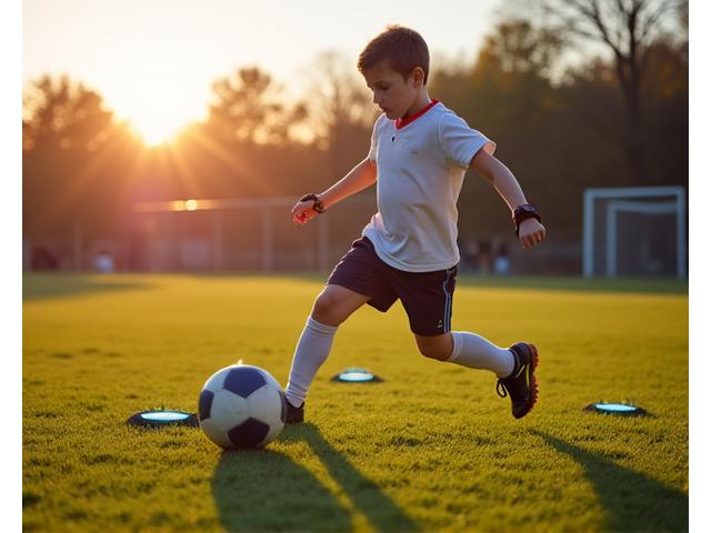 어린 축구 선수가 스마트 훈련 장비를 사용하는 모습