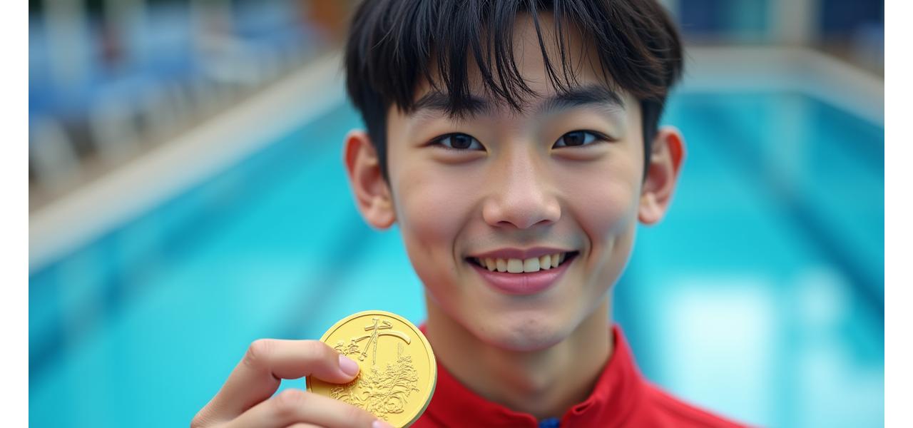 메달을 목에 건 젊은 수영선수