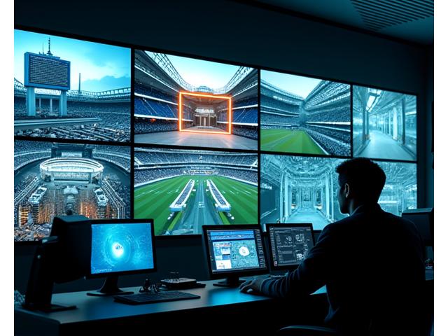 보안 감시 센터의 여러 모니터에 표시된 실시간 영상 피드