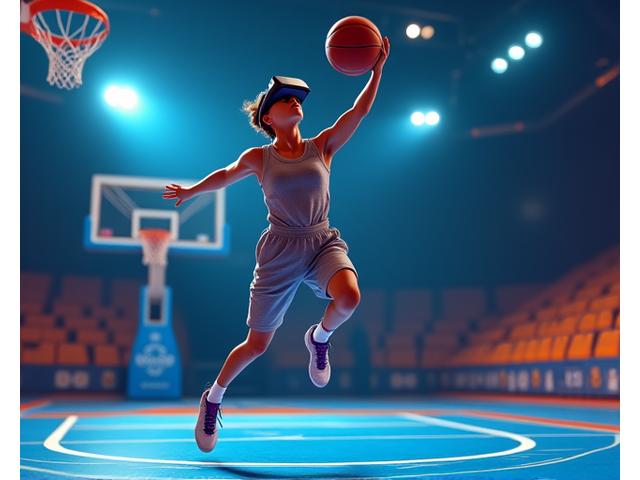 농구 선수가 VR 헤드셋을 착용하고 3점슛 훈련을 하는 모습