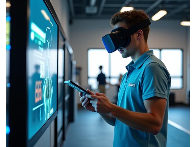 소어앤션 기술자가 스포츠 시설에 VR 트레이닝 장비를 설치하고 테스트하는 모습