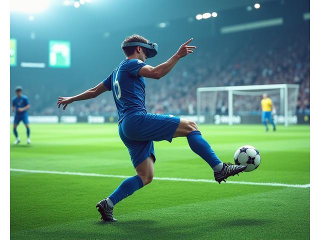 축구 선수가 VR 헤드셋을 쓰고 프리킥 훈련을 하는 모습