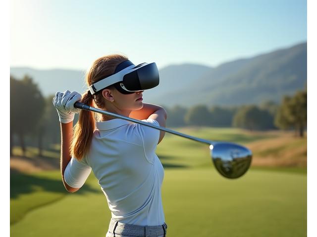 골프 선수가 VR 헤드셋을 착용하고 다양한 코스에서 샷 연습하는 모습