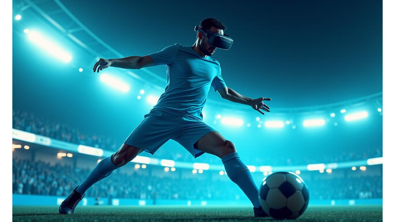 VR 헤드셋을 착용한 운동선수가 가상현실 훈련 환경을 몰입감 있게 체험하는 모습