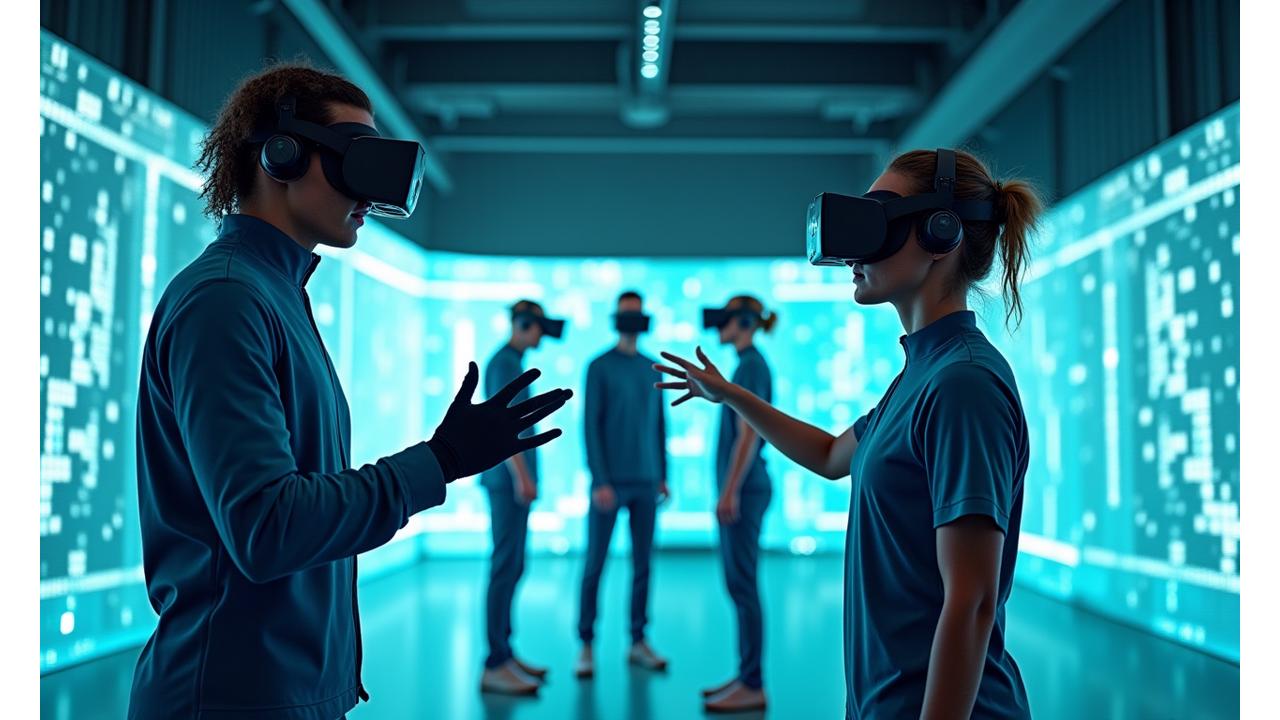 여러 명의 운동선수가 각자의 VR 헤드셋을 착용하고 가상 공간에서 팀 훈련을 진행하는 모습