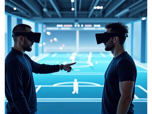 VR 환경에서 복잡한 전술 상황을 시뮬레이션하고 있는 코치와 선수