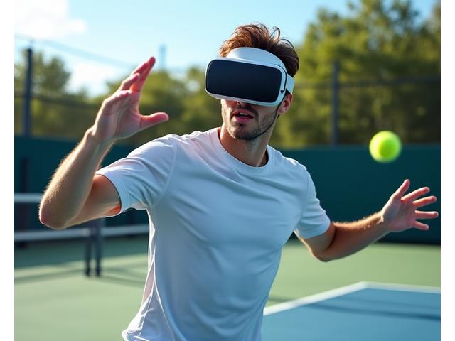 테니스 선수가 VR 헤드셋을 쓰고 서브 리턴 연습을 하는 모습