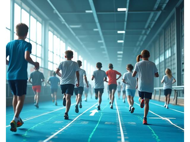 청소년 스포츠 선수들이 트랙을 달리는 모습과 함께 성장 곡선을 시각화한 그래픽 오버레이